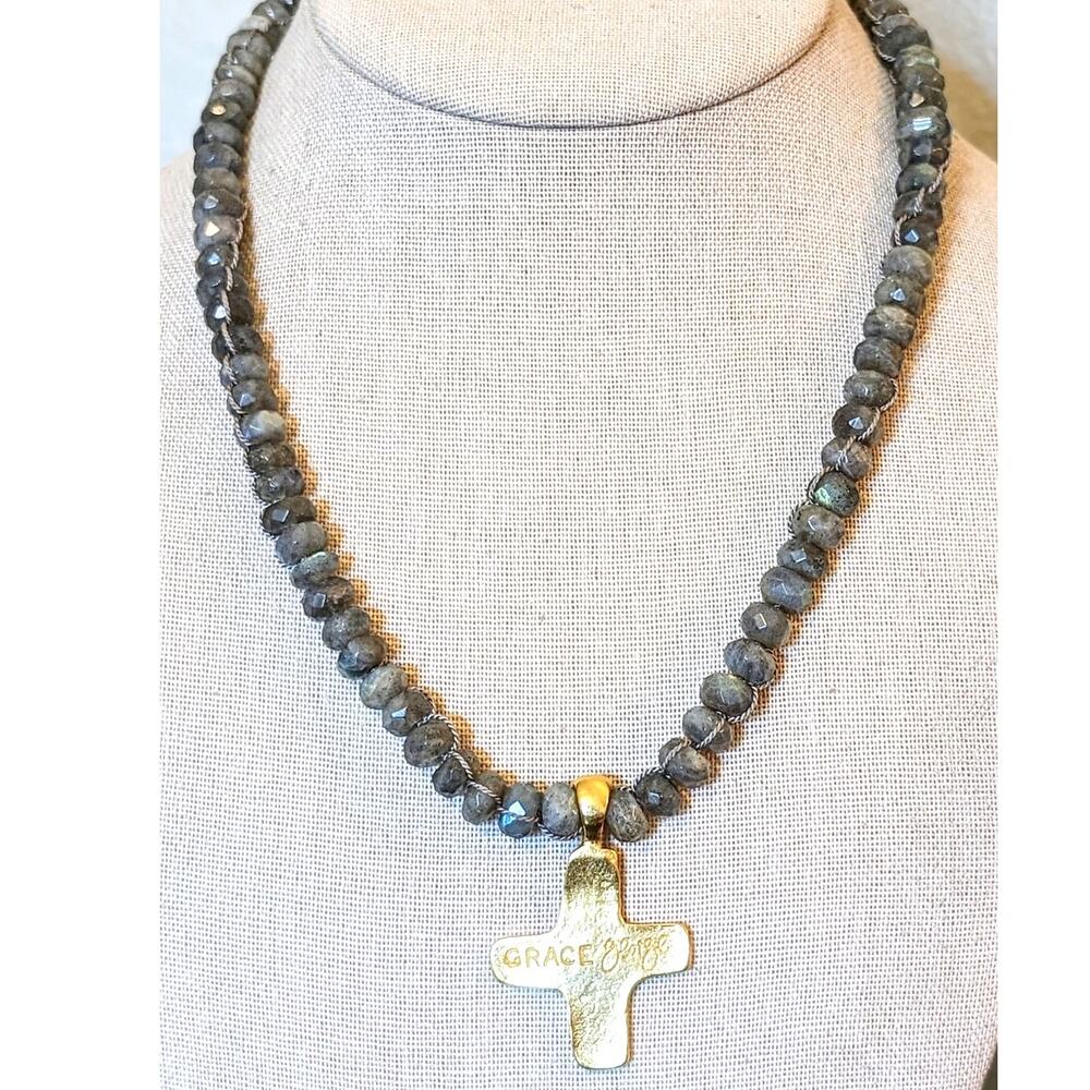 Grace George Gray Faceted Glass Bead Necklace W/ Chunky Gold Tone Cross Pendant